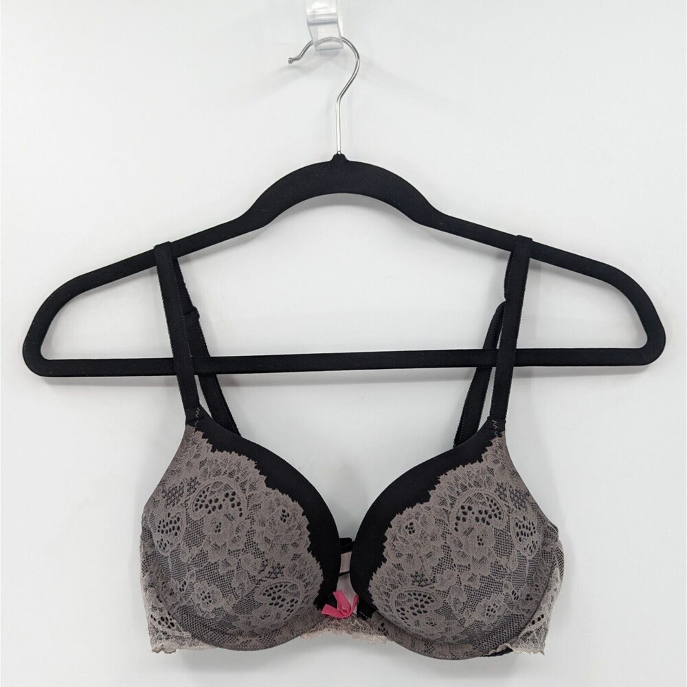 Victoria's Secret Bra Women's 32C Gray Black Lace Push Up Dream Angels